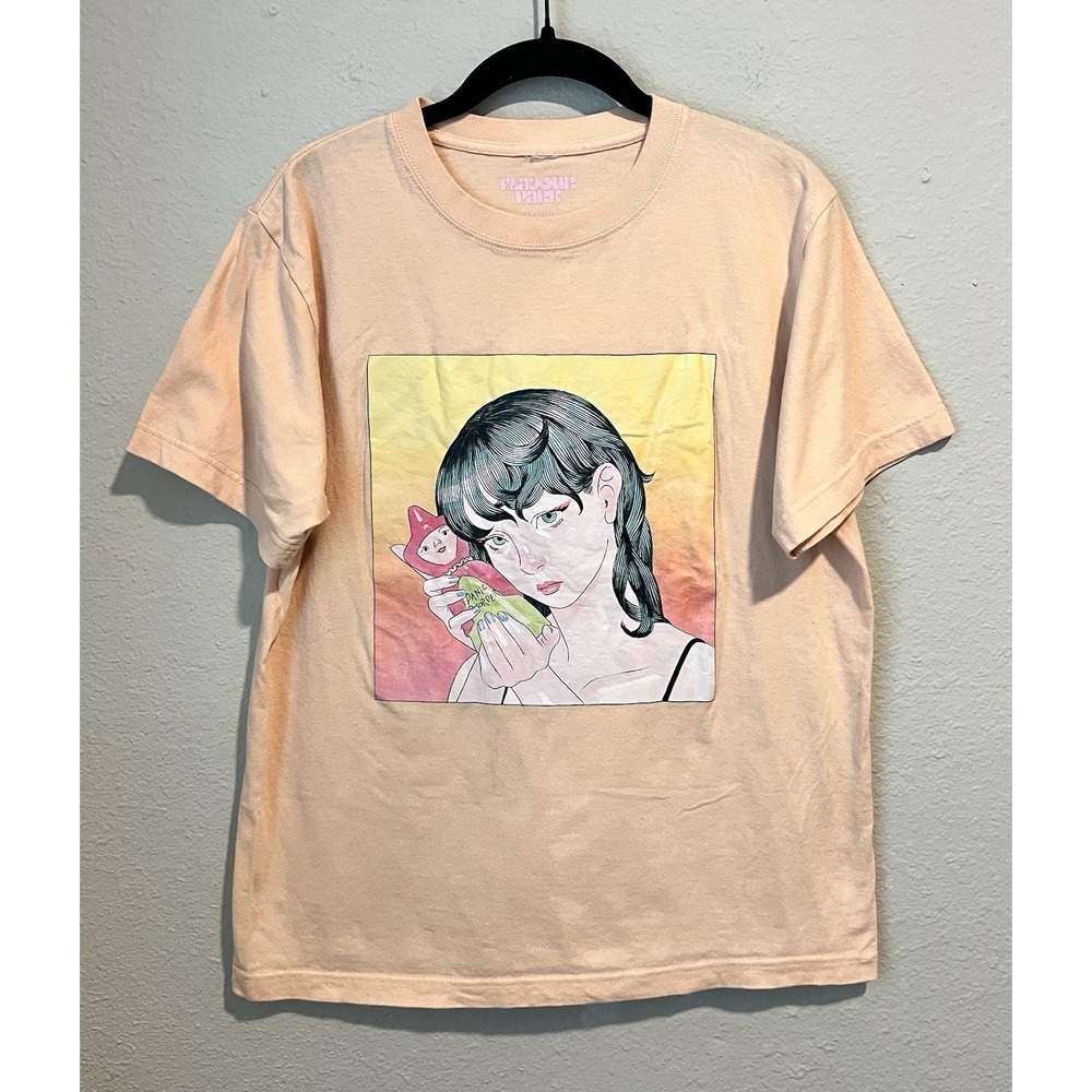 Flavour Park Womens T-Shirt Medium Graphic Tee Peachy Pink Animated Short Sleeve
